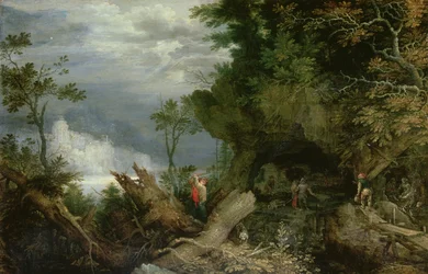 Eine felsige Landschaft mit dem Eingang zu einer Mine
